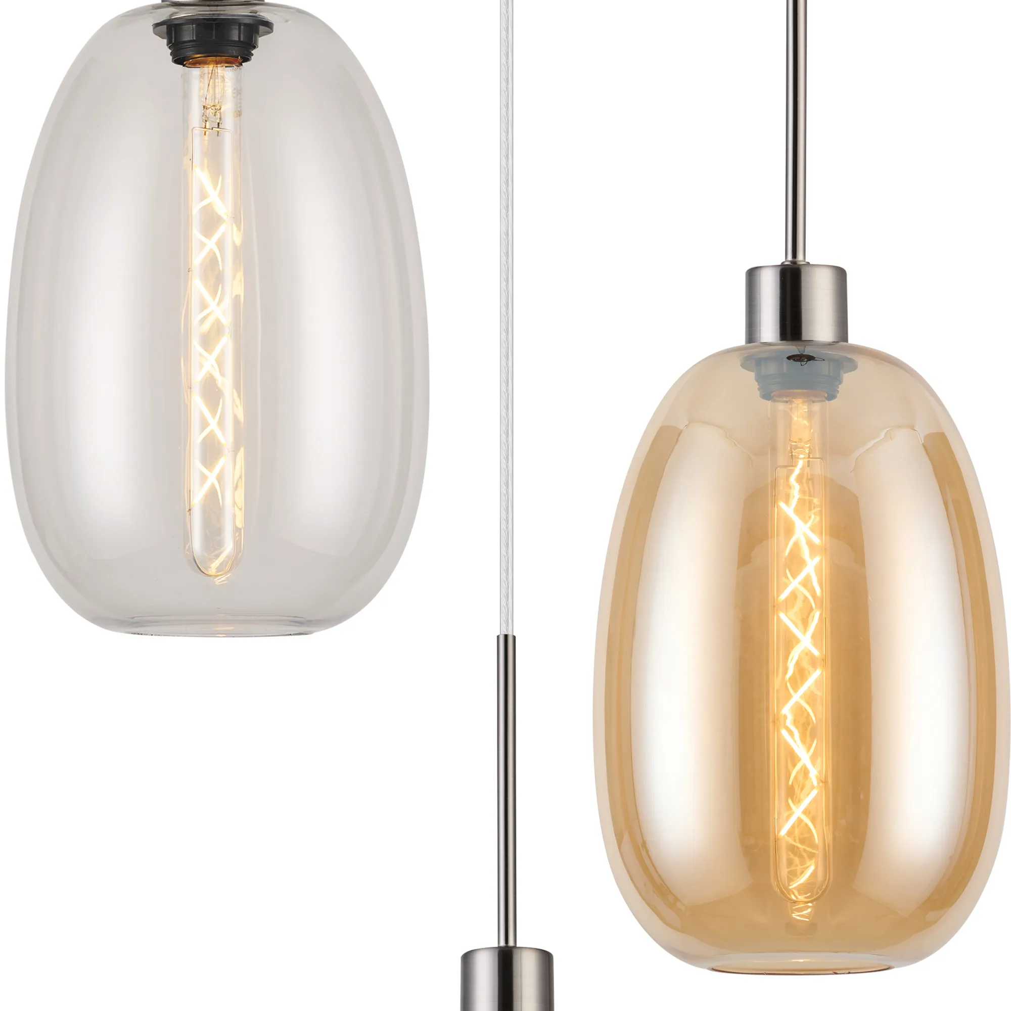 Lori 40cm Round Pendant, 3 Light Adjustable E27, Satin Nickel/Clear/Amber Slim Curved Trapezium Shades DK1364  Deco Lori Satin Nickel